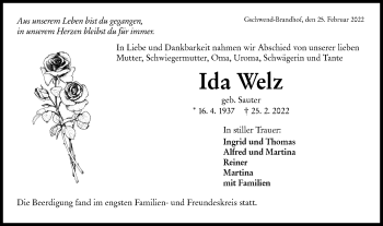 Traueranzeige von Ida Welz von Rundschau Gaildorf