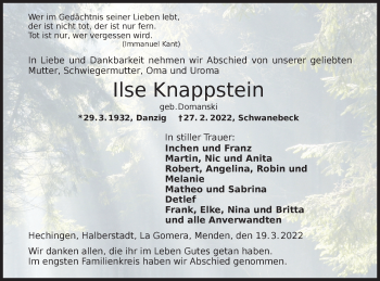 Traueranzeige von Ilse Knappstein von Metzinger-Uracher Volksblatt