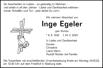 Traueranzeige von Inge Egeler von Alb-Bote/Metzinger-Uracher Volksblatt