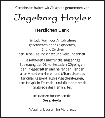 Traueranzeige von Ingeborg Hoyler von NWZ Neue Württembergische Zeitung