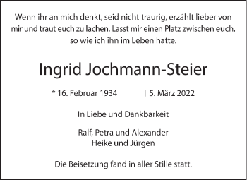 Traueranzeige von Ingrid Jochmann-Steier von SÜDWEST PRESSE Ausgabe Ulm/Neu-Ulm