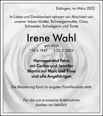 Traueranzeige von Irene Wahl von NWZ Neue Württembergische Zeitung
