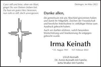 Traueranzeige von Irma Keinath von Metzinger-Uracher Volksblatt