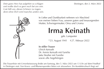 Traueranzeige von Irma Keinath von Metzinger-Uracher Volksblatt