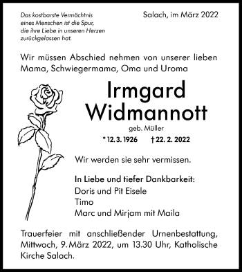 Traueranzeige von Irmgard Widmannott von NWZ Neue Württembergische Zeitung