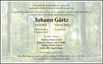 Traueranzeige von Johann Gärtz von Hohenloher Tagblatt