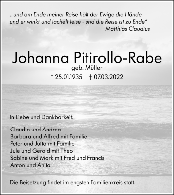 Traueranzeige von Johanna Pitirollo-Rabe von SÜDWEST PRESSE Ausgabe Ulm/Neu-Ulm