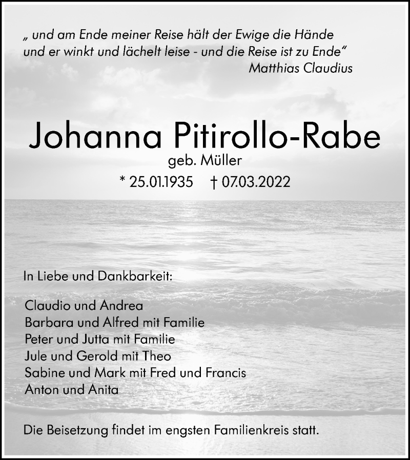  Traueranzeige für Johanna Pitirollo-Rabe vom 14.03.2022 aus SÜDWEST PRESSE Ausgabe Ulm/Neu-Ulm