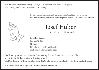 Traueranzeige von Josef Huber von SÜDWEST PRESSE Ausgabe Ulm/Neu-Ulm