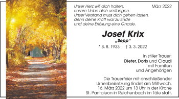 Traueranzeige von Josef Krix von NWZ Neue Württembergische Zeitung/Geislinger Zeitung