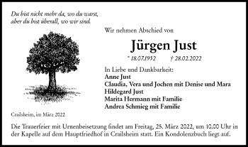 Traueranzeige von Jürgen Just von Hohenloher Tagblatt
