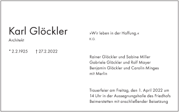 Traueranzeige von Karl Glöckler von SÜDWEST PRESSE Ausgabe Ulm/Neu-Ulm