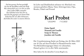 Traueranzeige von Karl Probst von Hohenloher Tagblatt