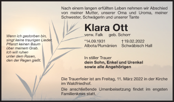 Traueranzeige von Klara Ott von Haller Tagblatt