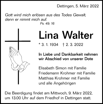 Traueranzeige von Lina Walter von Metzinger-Uracher Volksblatt