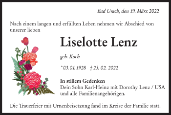 Traueranzeige von Liselotte Lenz von Metzinger-Uracher Volksblatt