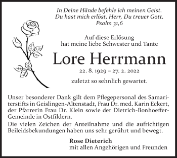 Traueranzeige von Lore Herrmann von Geislinger Zeitung