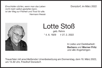 Traueranzeige von Lotte Stoß von NWZ Neue Württembergische Zeitung