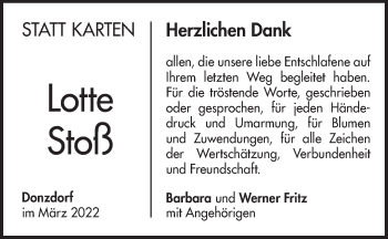 Traueranzeige von Lotte Stoß von NWZ Neue Württembergische Zeitung