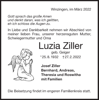 Traueranzeige von Luzia Ziller von NWZ Neue Württembergische Zeitung