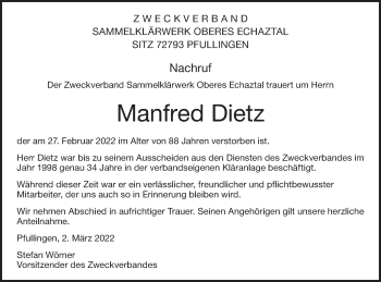 Traueranzeige von Manfred Dietz von Metzinger-Uracher Volksblatt