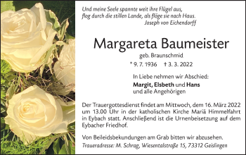 Traueranzeige von Margareta Baumeister von Geislinger Zeitung