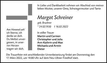 Traueranzeige von Margot Schreiner von SÜDWEST PRESSE Ausgabe Ulm/Neu-Ulm