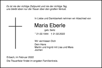 Traueranzeige von Maria Eberle von SÜDWEST PRESSE Ausgabe Ulm/Neu-Ulm