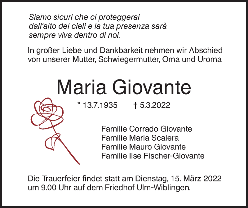  Traueranzeige für Maria Giovante vom 10.03.2022 aus SÜDWEST PRESSE Ausgabe Ulm/Neu-Ulm
