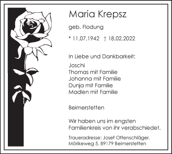 Traueranzeige von Maria Krepsz von SÜDWEST PRESSE Ausgabe Ulm/Neu-Ulm