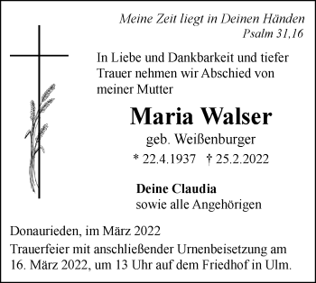 Traueranzeige von Maria Walser von SÜDWEST PRESSE Ausgabe Ulm/Neu-Ulm