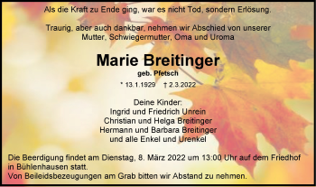 Traueranzeige von Marie Breitinger von SÜDWEST PRESSE Ausgabe Ulm/Neu-Ulm