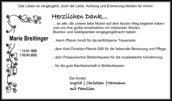 Traueranzeige von Marie Breitinger von SÜDWEST PRESSE