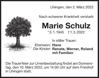 Traueranzeige von Marie Schulz von NWZ Neue Württembergische Zeitung