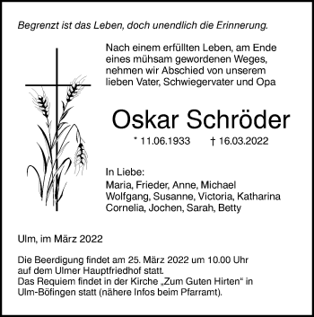 Traueranzeige von Oskar Schröder von SÜDWEST PRESSE Ausgabe Ulm/Neu-Ulm