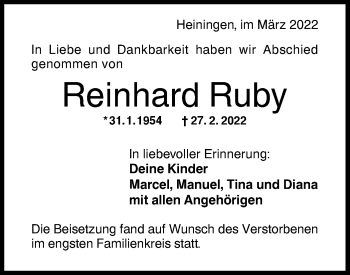 Traueranzeige von Reinhard Ruby von NWZ Neue Württembergische Zeitung