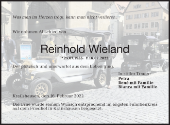 Traueranzeige von Reinhold Wieland von Hohenloher Tagblatt