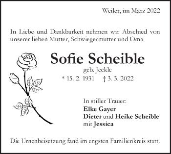 Traueranzeige von Sofie Scheible von Geislinger Zeitung