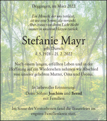 Traueranzeige von Stefanie Mayr von Geislinger Zeitung