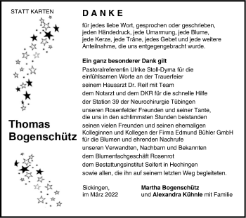 Traueranzeige von Thomas Bogenschütz von Metzinger-Uracher Volksblatt