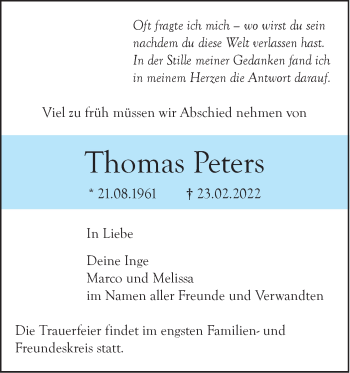 Traueranzeige von Thomas Peters von SÜDWEST PRESSE Ausgabe Ulm/Neu-Ulm