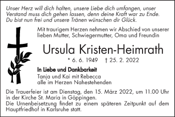 Traueranzeige von Ursula Kristen-Heimrath von NWZ Neue Württembergische Zeitung