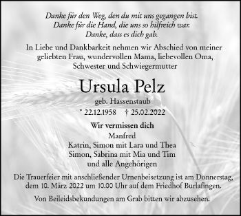 Traueranzeige von Ursula Pelz von SÜDWEST PRESSE Ausgabe Ulm/Neu-Ulm