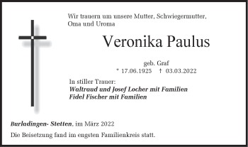 Traueranzeige von Veronika Paulus von Metzinger-Uracher Volksblatt