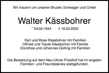 Traueranzeige von Walter Kässbohrer von SÜDWEST PRESSE Ausgabe Ulm/Neu-Ulm