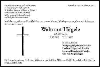 Traueranzeige von Waltraut Hägele von Rundschau Gaildorf