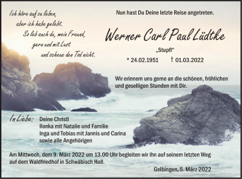 Traueranzeige von Werner Carl Paul Lüdtke von Haller Tagblatt
