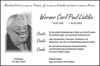 Traueranzeige von Werner Carl Paul Lüdtke von Haller Tagblatt