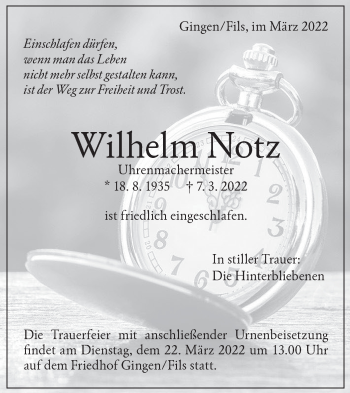Traueranzeige von Wilhelm Notz von Geislinger Zeitung