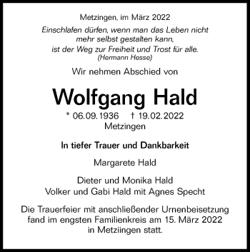 Traueranzeige von Wolfgang Hald von Metzinger-Uracher Volksblatt